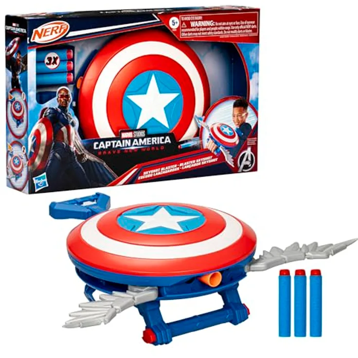 Marvel Studios Captain America Brave New World NERF Flügelschild Blaster, Schild Rollenspielzeug - Mit 3 NERF Darts, für Links- und Rechtshänder geeignet, anpassbarer bequemer Riemen