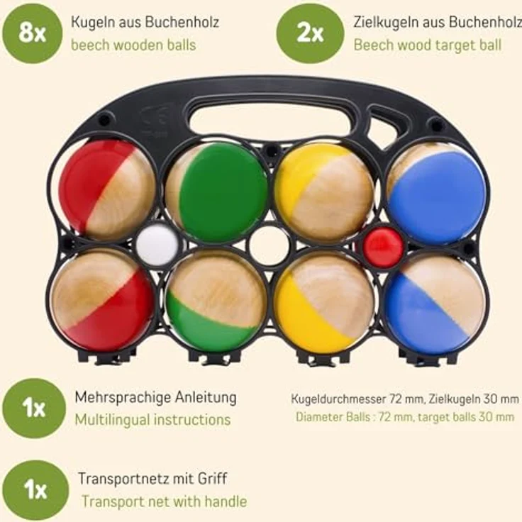 GICO Boccia Spiel aus Massivholz, 8 lackierte Kugeln mit 7 cm Durchmesser, inkl. 2 Zielkugeln und Tragenetz - Made in EU - 3011 – Bild 2
