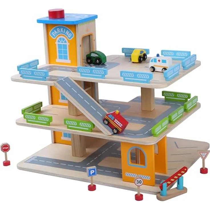 CHIC2000 Spiel-Parkgarage bunt, 3-stöckige Holzgarage mit Aufzug, 4 Autos und Verkehrszeichen, 43,5 x 36 x 39,5 cm – Bild 2