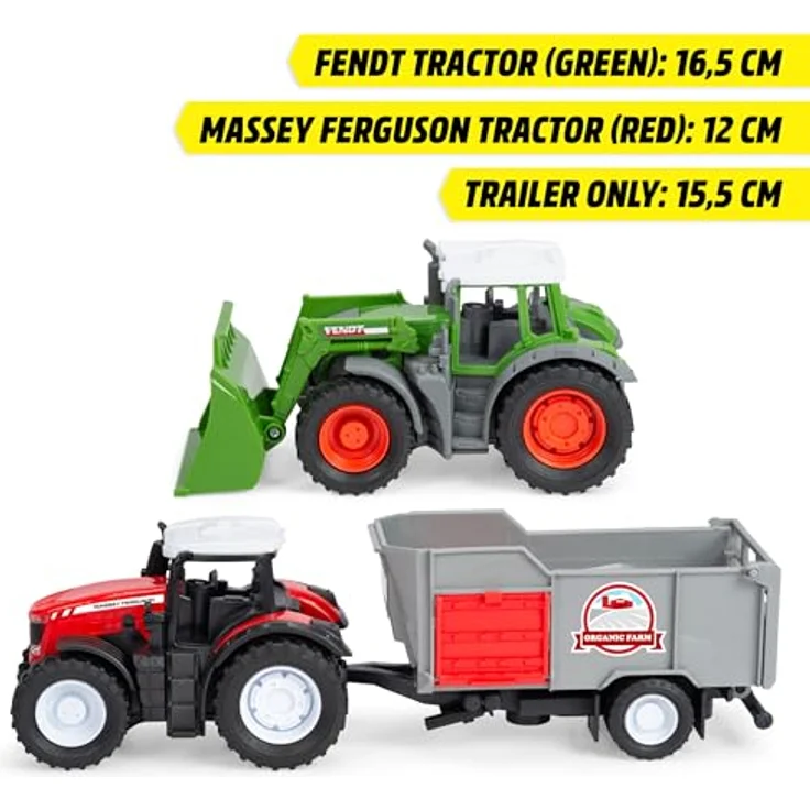 Dickie Toys Spielzeug-Traktor Farm Set, 3-tlg. mit Fendt und Massey Ferguson Traktor sowie Anhänger, für Kinder ab 3 Jahren, Freilauf und bewegliche Teile – Bild 5