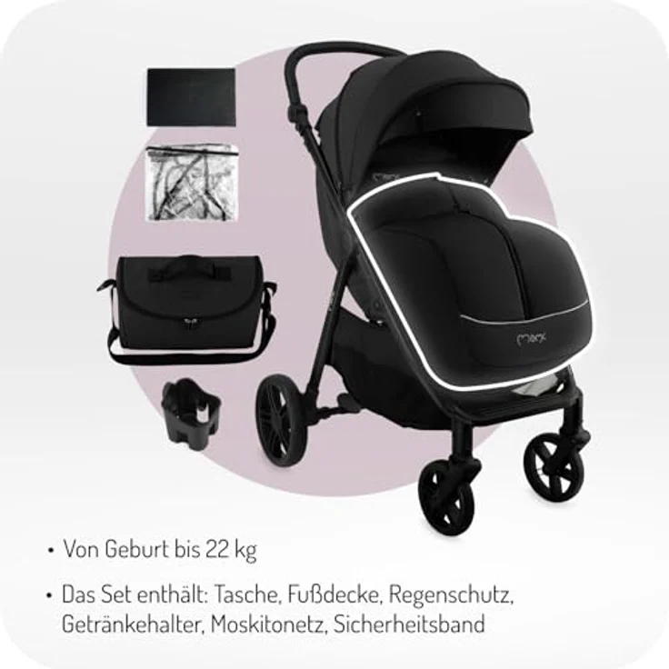 MoMi Kinderbuggy CLARA, 5-Punkt-Sicherheitsgurt, Fußsack, Getränkehalter, Einkaufskorb, Wickeltasche, Insekten- und Regenschutz, ab 6 Monaten bis 22 kg, klappbar, bis 10 kg Gewicht – Bild 3