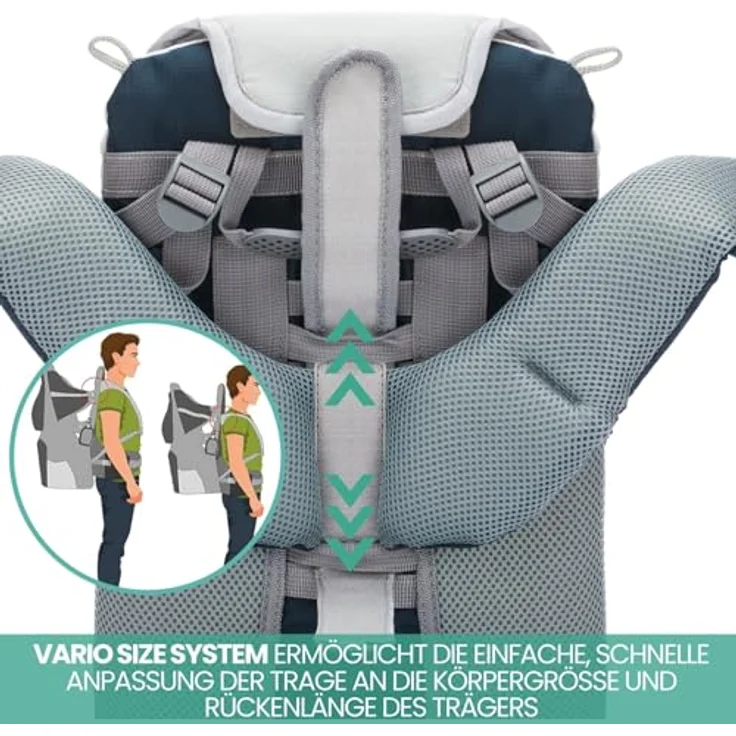 Fillikid Babytrage, Rückentrage für Baby & Kleinkind mit Sonnenschutz, blau, ergonomisch gepolstert, höhenverstellbar, für Wanderausflüge – Bild 8