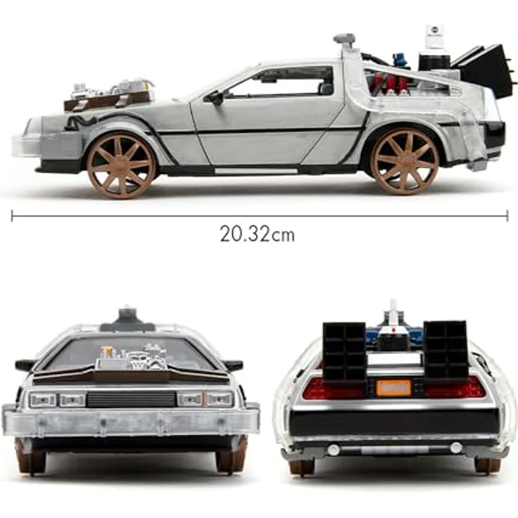 Jada Toys Time Machine Back to the Future 3, Modellauto aus Metall, 1:24, mit Türen zum Öffnen, LED Licht, braune Felgen, 20 cm, silber – Bild 2