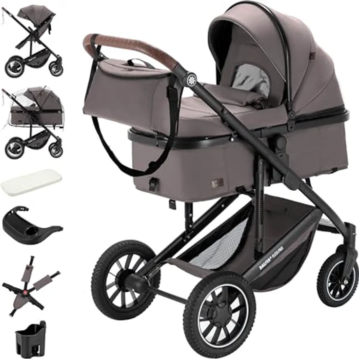 Daliya® FLEXI-PRO M 2in1 Kombikinderwagen, Klappbar und Höhenverstellbar, Leichter Buggy mit Liegefunktion und großem Einkaufskorb, Braun-Grau – Bild 1