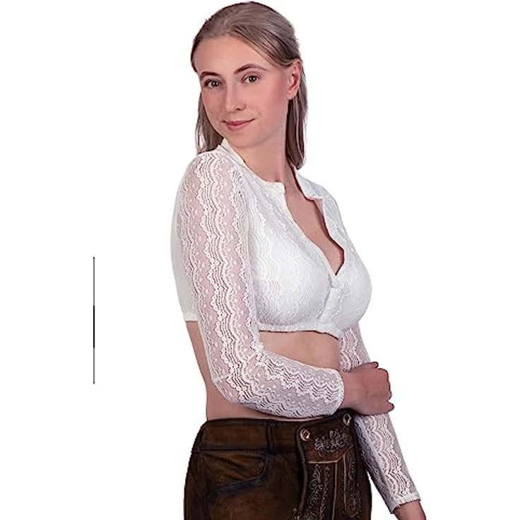 Edelnice Dirndlbluse Amelie, Spitzenbluse in Reinweiß mit V-Ausschnitt – Bild 3