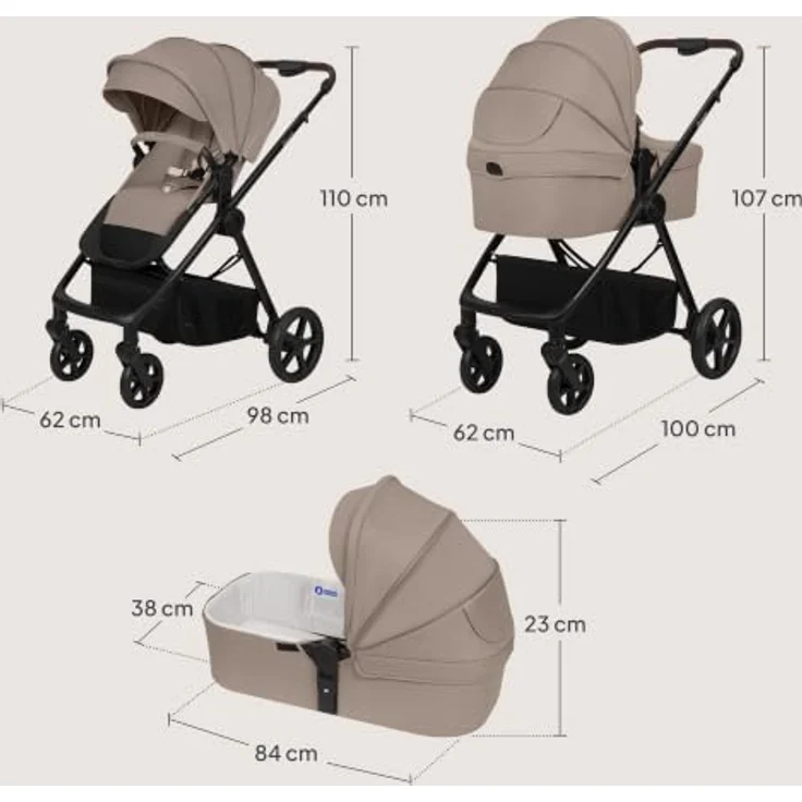 Lionelo Greet 3in1 Kombikinderwagen mit Babywanne, Sportsitz und Babyschale, leicht, federung, UPF50+, wendbar - Beige – Bild 13