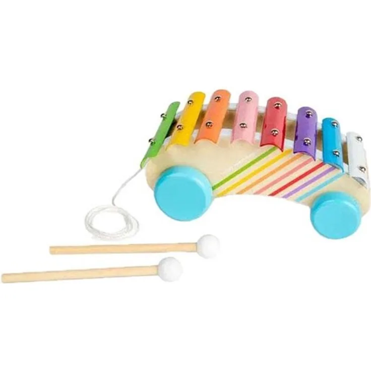 Bigjigs Wooden Pull Along Xylophone, Regenbogenfarben, mit zwei Holzmallets und vier Rollen für mobilen Musikspaß