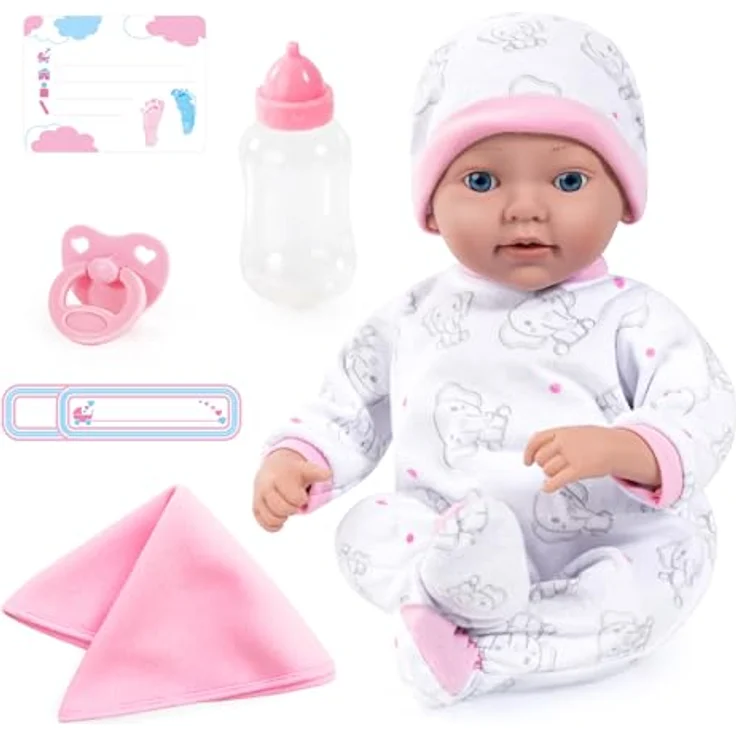 Bayer Reborn Babypuppe 38 cm, Elefantenmuster mit Strampler, Decke, Schnuller und Flasche (4-tlg) – Bild 1