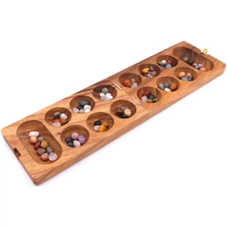 ROMBOL Kalaha - hochwertiges Steinchenspiel für 2 Personen inkl. Spielsteinen, Holzspiel mit 72 Stück Strategie-Spielsteinen, Modell:1 – Bild 2