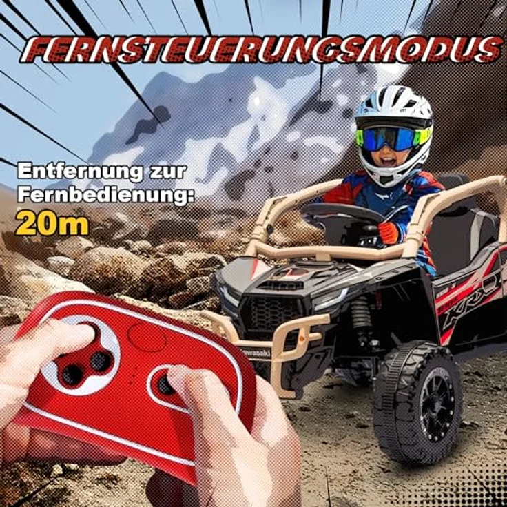 AIYAPLAY Kawasaki TERYX KRX 1000 Kinder Elektroauto UTV, 12V mit 2 Motoren, 2,4 GHz Fernbedienung, Federungssystem, LED-Leuchten, Musik und Hupe, Gelb, für 3-8 Jahre – Bild 4