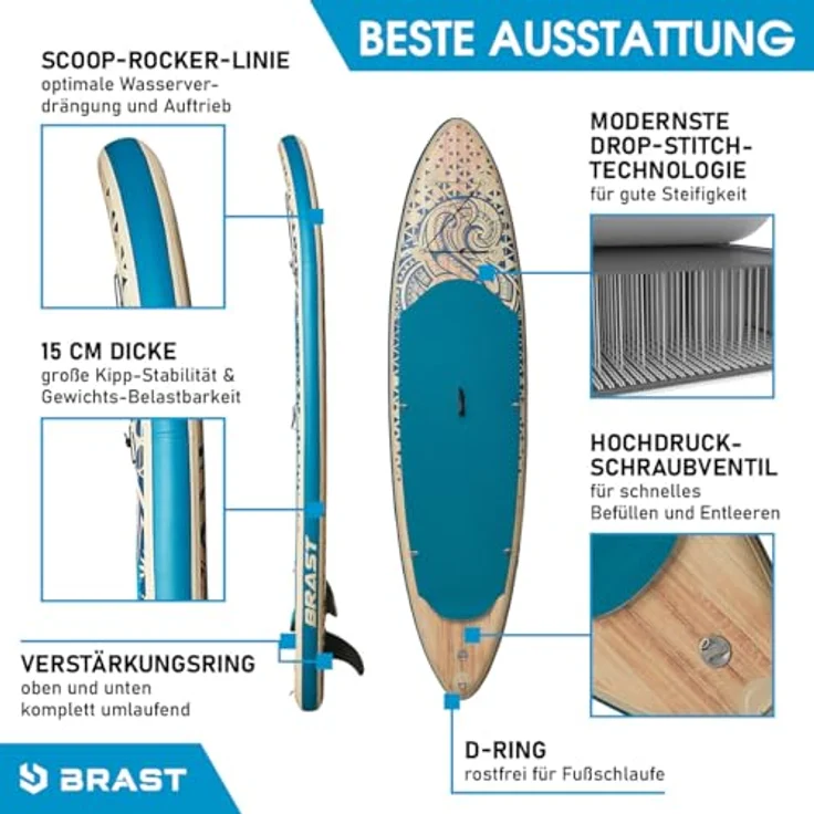 BRAST SUP-Board Tribal Ocean Sixties & Turtle, Aufblasbares Stand up Paddle Set, (320x81x15cm), inkl. Zubehör, 5 Jahre Garantie, blau – Bild 5