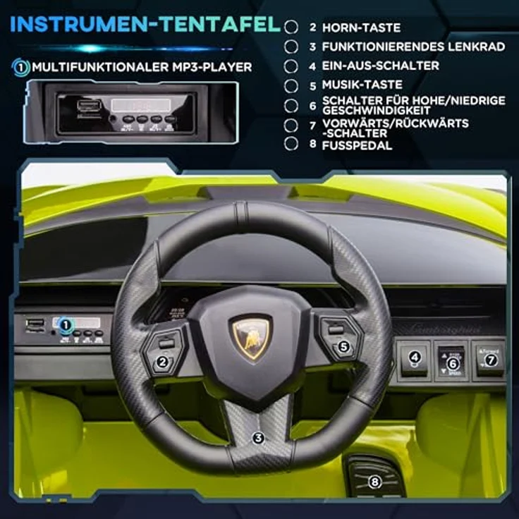 HOMCOM Elektro-Kinderauto Kinderfahrzeug, Elektroauto mit 2,4G-Fernbedienung, MP3 USB, Belastbarkeit 25 kg, Grün – Bild 4