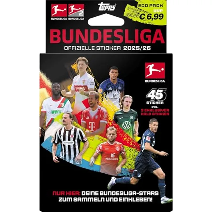 Topps Bundesliga 2025/26 Sticker Collection Eco Pack, Blister mit 6 Tüten und 3 exklusiven Glitzerstickern