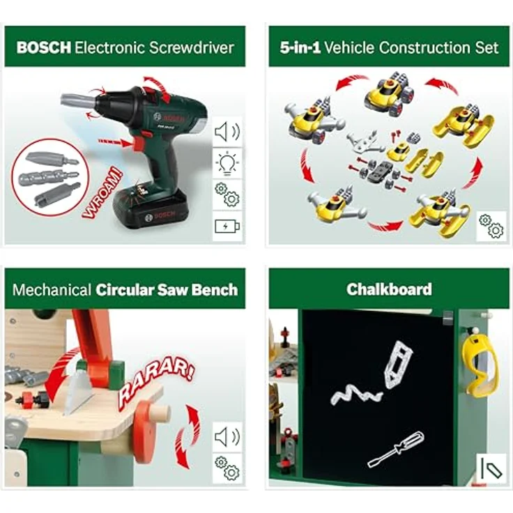 Klein Spielwerkbank BOSCH, Holzwerkbank mit Sound und Lernfunktion, höhenverstellbar, inkl. Bosch Akkuschrauber und Zubehör – Bild 3