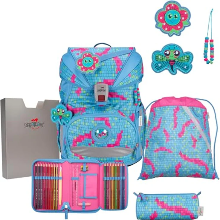 DerDieDas Schulranzen Set 5-TLG. ErgoFlex Superlight Happy Pixel, Ultraleichter Schulranzen mit Retroreflektierenden Flächen, Ergonomisch geformt – Bild 1