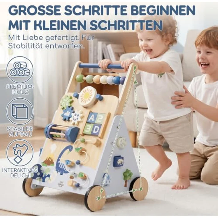 Lehoo Castle Lauflernwagen Holz, Dinosaurier Laufwagen mit Geschwindigkeitsregler und 9 interaktiven Spielmöglichkeiten für Babys ab 1 Jahr – Bild 2