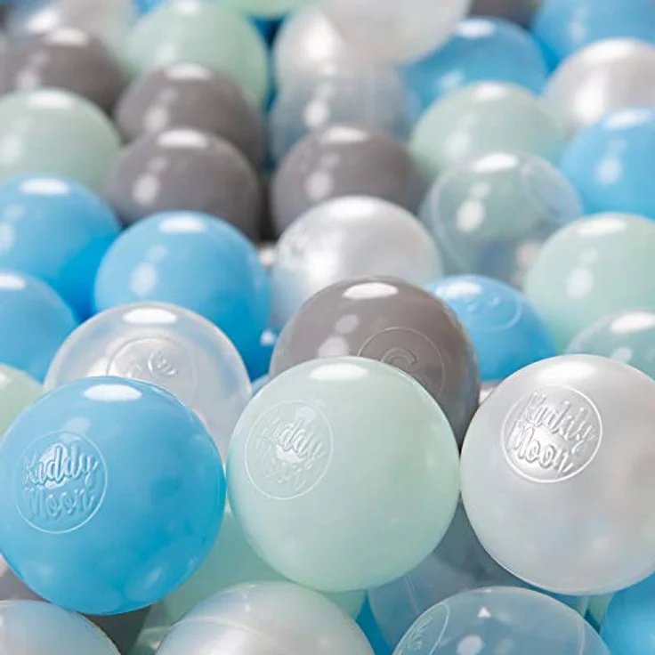 KiddyMoon 300 ∅ 6Cm Kinder Bälle für Bällebad, BPA-frei, Pastellfarben, Made in EU, Perle/Grau/Transparent/Baby Blau/Minze – Bild 1