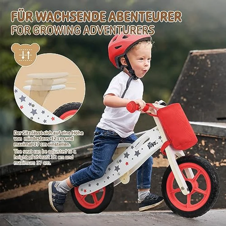 Joyz Laufrad aus Holz, Rot, Lauflernrad für Kinder ab 2 Jahren, Holzlaufrad mit Verstellbarer Sitz, pannensicheren 11 Zoll-Eva-Räder, Kinderfahrrad Kinderlaufrad mit Stoffbeutel, Klingel & Tragegriff – Bild 4