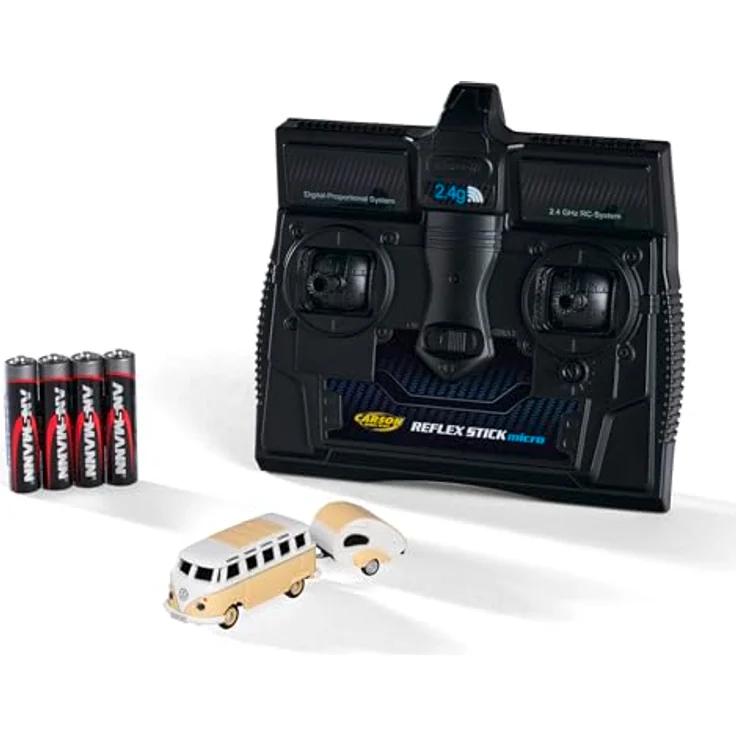 Carson 500504164 1:87 VW T1 Samba Bus mit Wohnwagen 2.4GHz 100% - RC Modell, LED-Beleuchtung, hochwertige Qualität, H0 Auto, Diorama Fahrzeug, blau – Bild 1