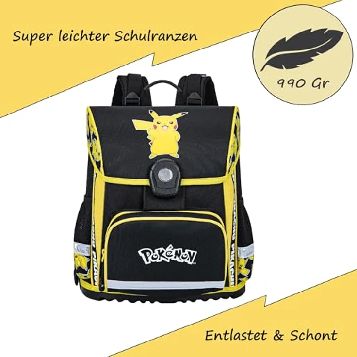 Familando Pokémon Schulranzen Set mit Sporttasche, ergonomisch, kompakt, 990 g leicht, 18 L Volumen, wasserdichter Boden, Pikachu Motiv, für die 1. bis 4. Klasse – Bild 2