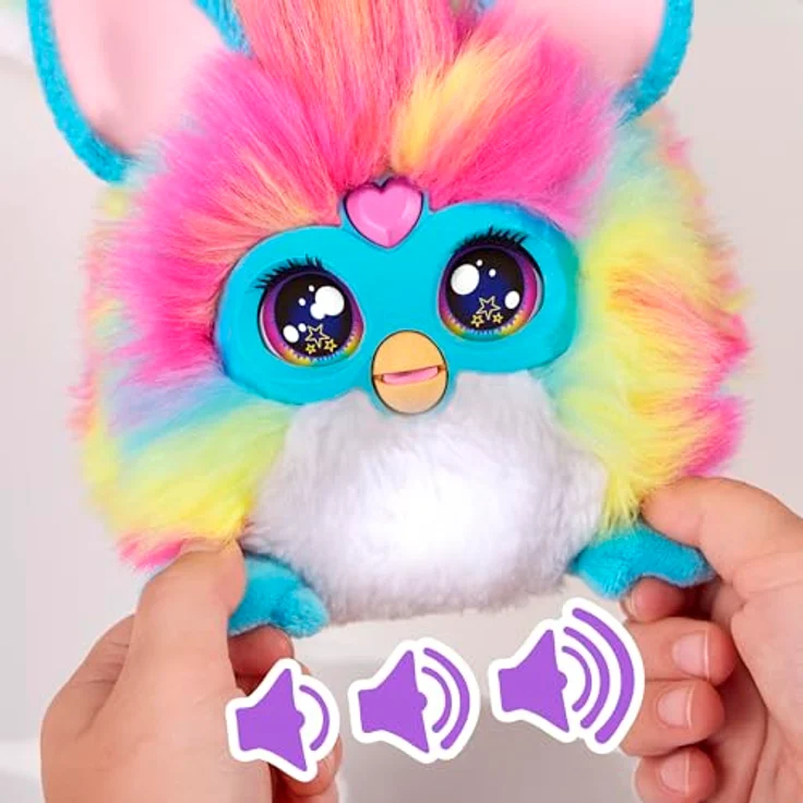 Hasbro Furby DJ Furby, interaktives elektronisches Plüschtier in Regenbogenfarben mit Musik, Lichtern, Bewegungen, Spielen und Sprachfunktionen in Französisch – Bild 4