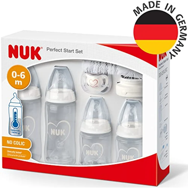 NUK Perfect Start First Choice+ Babyflaschen-Set | 0–6 Monate | 4 x Flaschen mit Temperaturkontrolle, Schnuller, Flaschenbürste & mehr | BPA-frei | Herz (neutral) | 10 Stück – Bild 6