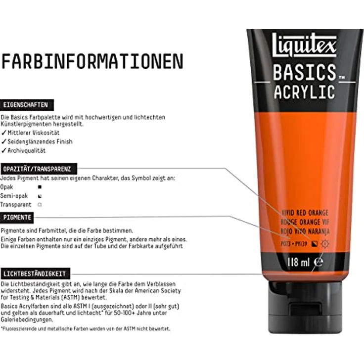 Liquitex Basics Acrylfarbe Rotorange Lebendig – 118ml Tube, lichtecht, mittlere Viskosität, seidenglänzend, monopigmentiert, Archivqualität – Bild 3
