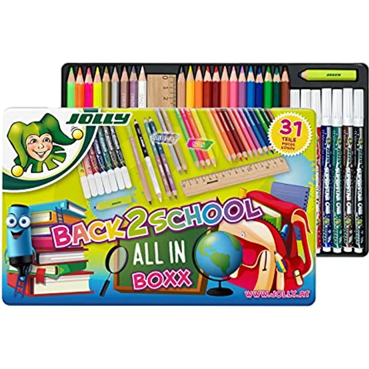 JOLLY Back to School Box | Schulstarterset mit 31 Teilen | inkl. Buntstifte, Fasermaler, Graphitstifte, Lineal & Radiergummi