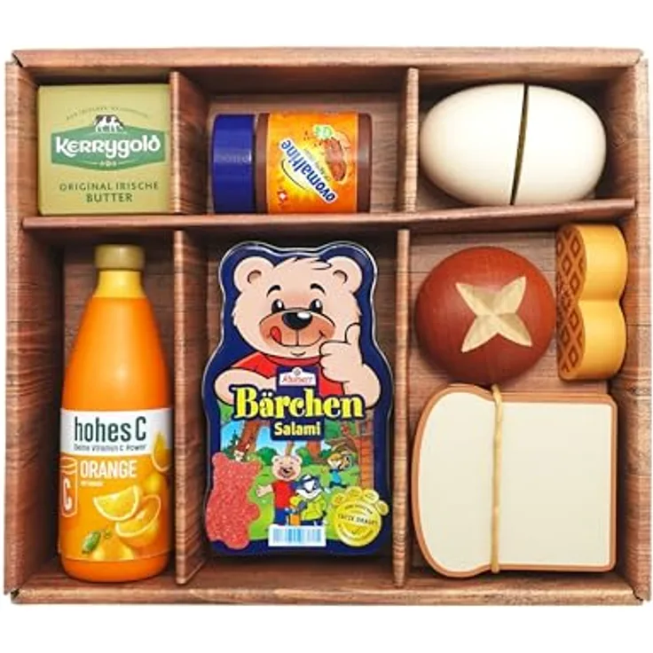 tanner DER KLEINE KAUFMANN Tanner Deco – Großes Frühstücksset aus Holz, hellbraun, 8 Holz-Miniaturen mit Metalldose und scannbaren Barcodes, geeignet ab 2 Jahren