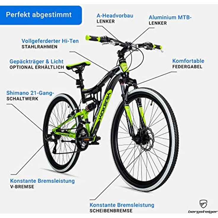 Bergsteiger Kodiak 26 Zoll, 29 Zoll Mountainbike, Scheibenbremse, Shimano 21 Gang-Schaltung, Vollfederung, Fully MTB für Jungen, Mädchen, Damen & Herren – Bild 5