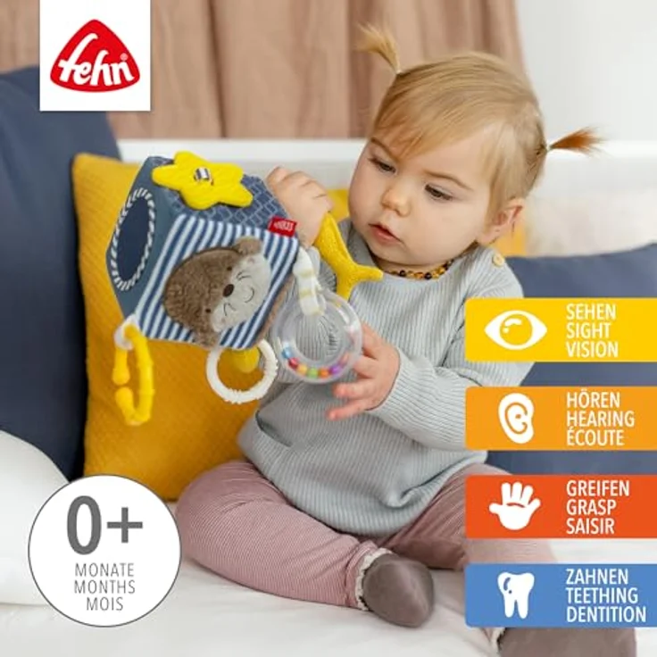 Fehn Greifspielzeug Otter Theo, Activity-Würfel mit Befestigungsring, Motorik-Spielzeug für Babys ab 0+ Monaten, 10 x 10 cm, inkl. Rasselring und Softbeiß-Element – Bild 2