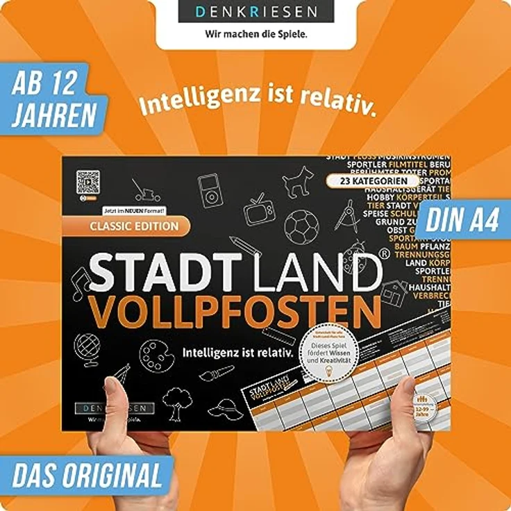 DENKRIESEN - Stadt Land VOLLPFOSTEN® Classic Edition - 'Intelligenz ist relativ' - A4 | Partyspiel | Familienspiel | Stadt Land Fluss | Spielblock | Geschenkidee – Bild 2