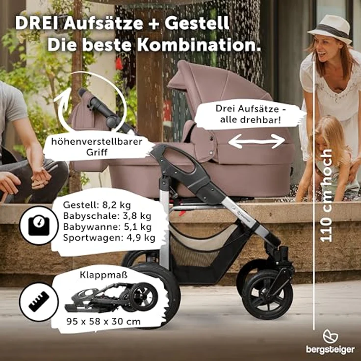 Bergsteiger Capri Kombikinderwagen 4-in-1, Babywanne, Sportsitz, i-Size Babyschale, Isofix-Station, höhenverstellbar, faltbar, Luftreifen, Zubehör – Bild 7