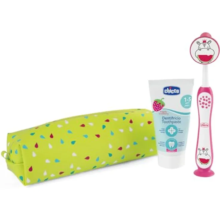 Chicco Kinderzahnbürste und Zahnpasta Set, mit Erdbeerzahnpasta und weichen Borsten, praktisches Reise-Case, für 3-6 Jahre, rot