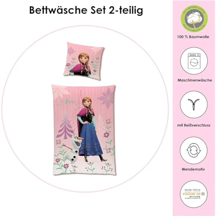 Disney Die Eiskönigin Bettwäsche Set 135x200 80x80 cm · Frozen Mädchenbettwäsche mit Anna und ELSA · Motiv Diamonds aus 100% Baumwolle mit Reißverschluss – Bild 2