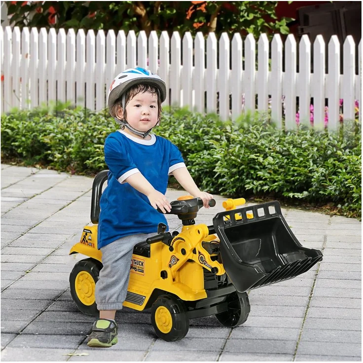 HOMCOM Rutscher Sitzbagger mit Ablagefach, Kinderbagger in Gelb+Schwarz, 80 x 26,5 x 39 cm, mit funktionierender Hupe und Schaufel