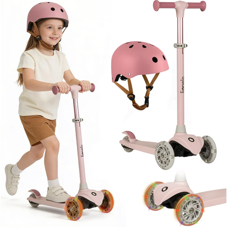Lionelo Kinderroller JESSY + HELMET, 3-rädriger Balance-Roller mit LED-Beleuchtung und verstellbarem Helm, für Kinder ab 3 Jahren bis 50 kg - Rose