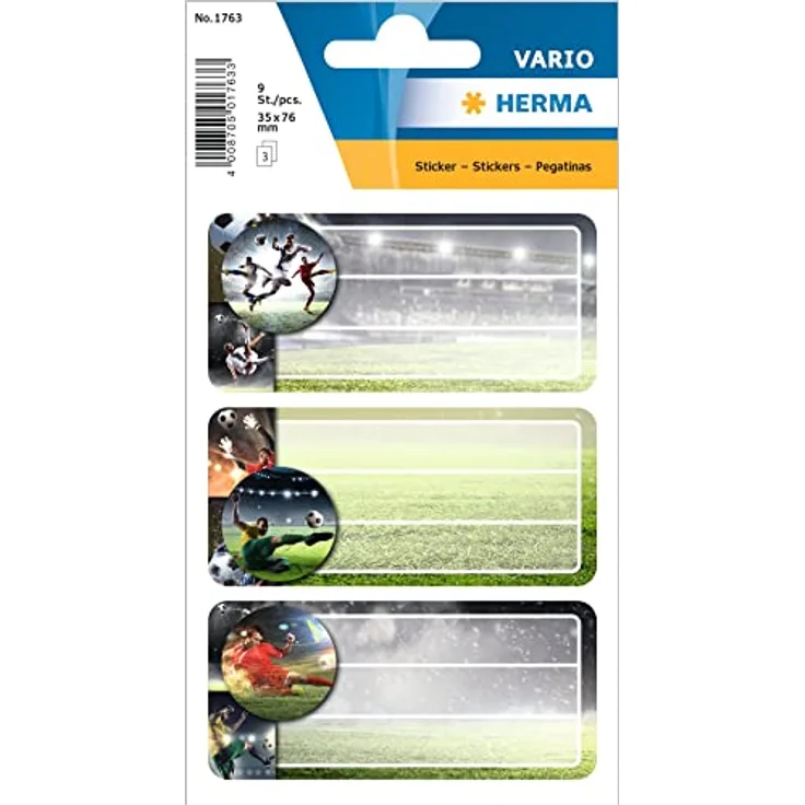 HERMA 1763 Buchetiketten zum Beschriften, Fussball (76 x 35 mm, 9 Namensaufkleber, Papier, matt) selbstklebend, permanent haftende Schuletiketten für Bücher, Hefte, Boxen, Haushalt, bunt