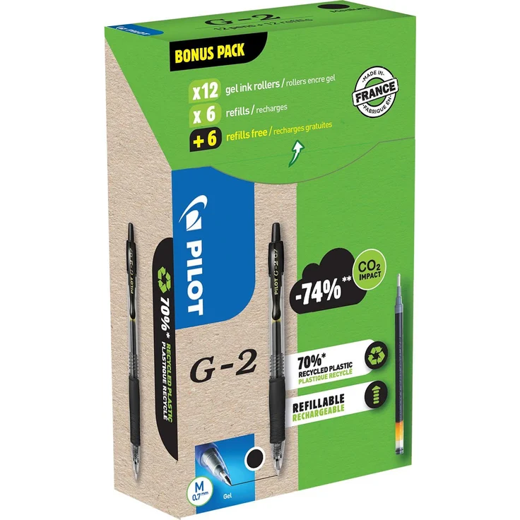 Pilot G-2, Gelschreiber mit Druckmechanik und gummierter Griffzone, schwarz, 12er Pack