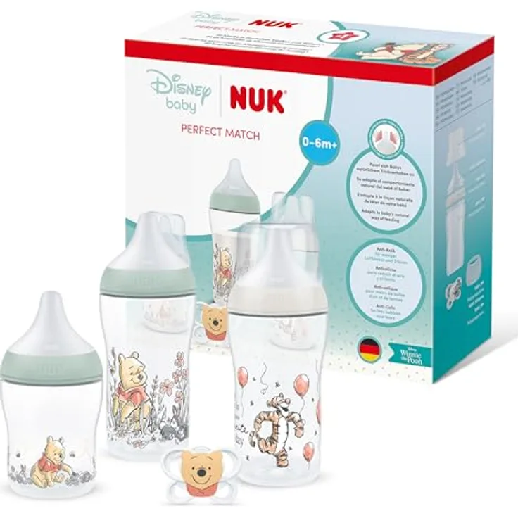 NUK Perfect Match Disney Geschenkset für Babys Winnie the Pooh, inkl. Schnuller und Flasche mit Temperaturkontrolle, Silikon, 3-teilig