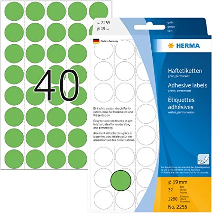 HERMA 2255 Punktaufkleber Klebepunkte perforiert grün, selbstklebend, Ø 19 mm, 1280 Stück, 40 pro Bogen, für Kalender Planer, matt, blanko Papier Farbpunkte Aufkleber