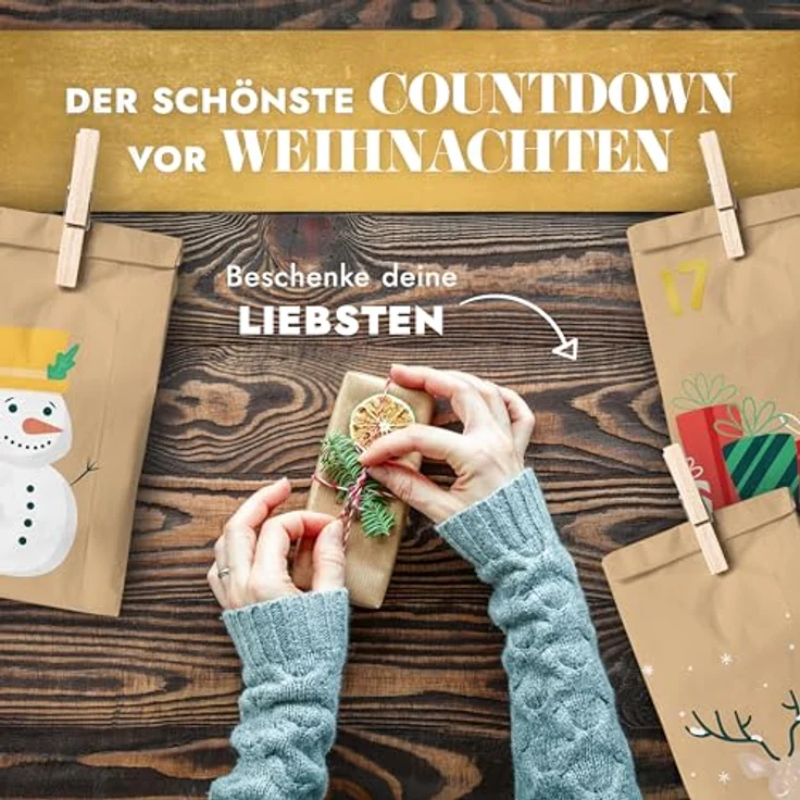 AMARI ® Adventskalender Snowman, DIY Weihnachtsgeschenke Set mit 24 liebevoll gestalteten Tüten – Bild 3