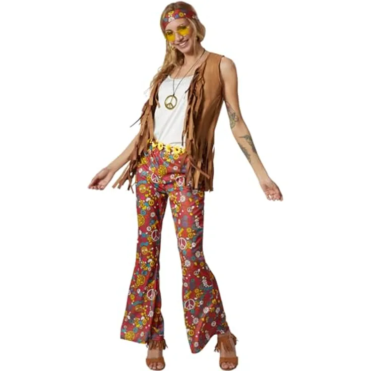 dressforfun Hippie Kostüm Set, 60er Jahre Kostüm, 70er Mode, Hippie Damen, Schlaghose, Flower Power, Fransenweste - Braun, Größe M