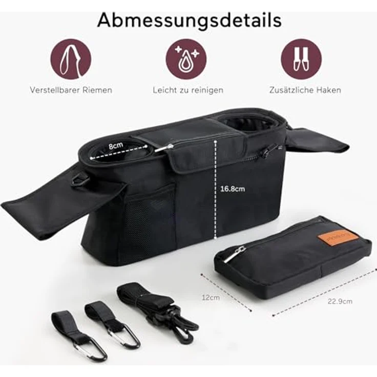 Momcozy Kinderwagen Organizer Universal mit Isolierten Getränkehaltern, Reißverschlusstasche und Schultergurt, Schwarz – Bild 5