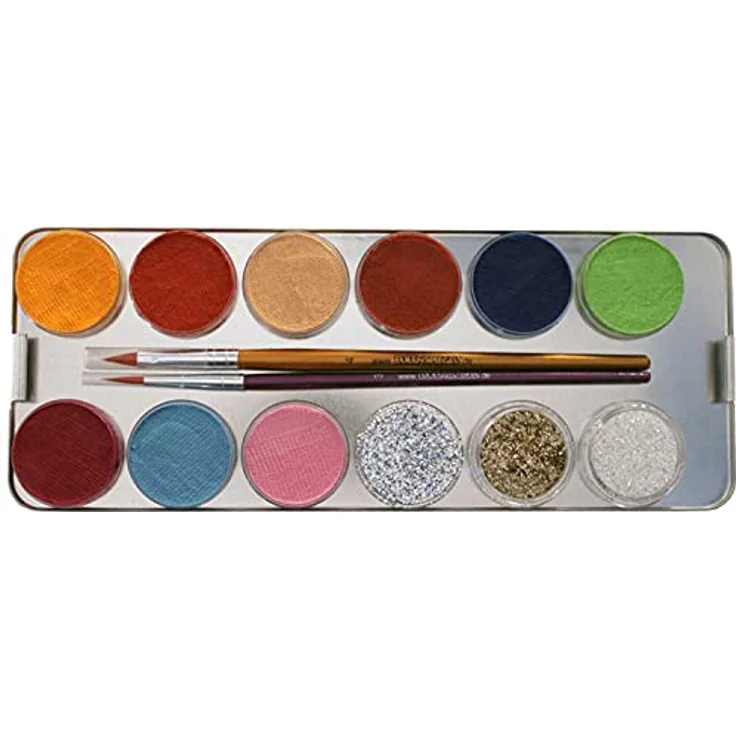 EULENSPIEGEL Schminkpalette 21 Farben 3 Glitzer 27 Teile Metalletui, Profi-Aqua Schminkfarben, dermatologisch getestet, vegan – Bild 4