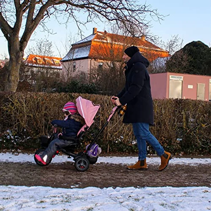 FableKids 5in1 Dreirad Noemi mit Schubstange ab 18 Monate bis 25kg, Vorwärts und Rückwärtsfahrt, PU-Reifen, Freilauf geräumiger, Korb, Tasche, Getränkehalter - Grau – Bild 2