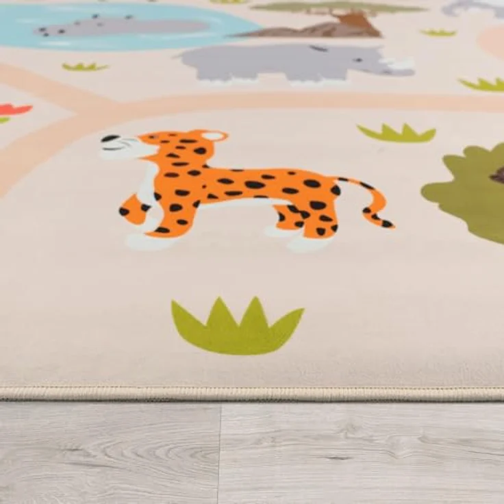 TT Home Kinderteppich, rutschfest für Babyzimmer und Kinderzimmer, Tiere und Weltkarte, grün gelb creme, 200 cm rund – Bild 2