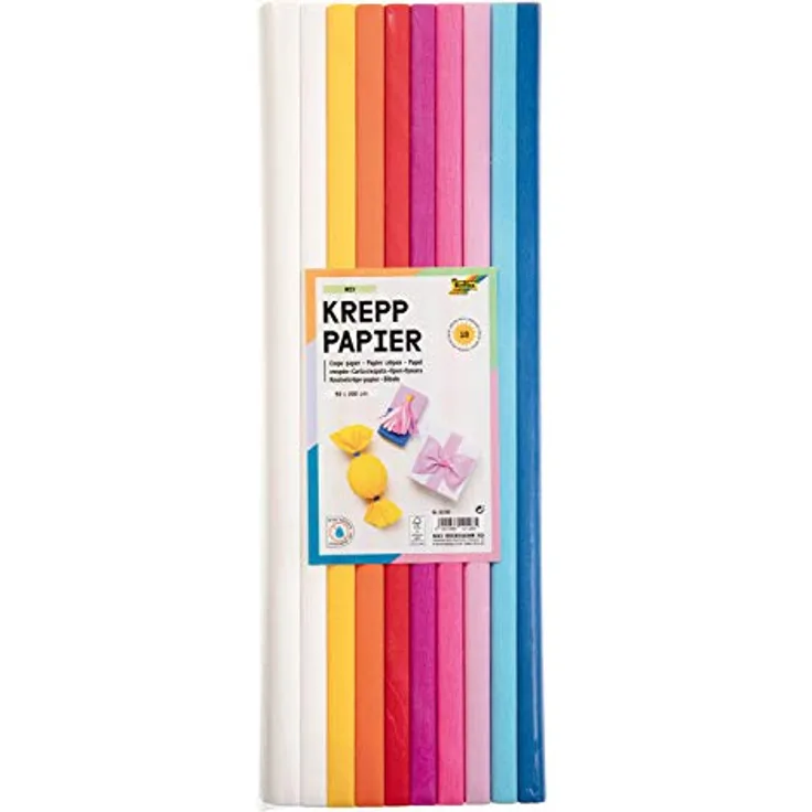 folia 82393 - Krepppapier - Sortiment Mix, 10 Rollen in verschiedenen Farben, jede Rolle ca. 50 x 200 cm, sehr elastisches und dünnes Papier, mit einer unebenen und rauen Oberfläche