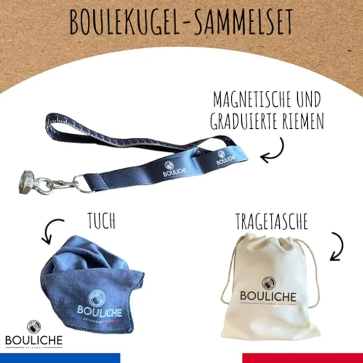 OriginalCorner® BOULICHE Boulekugel Sammelset mit Magnet und Maßband, inklusive Tuch und Transporttasche, leicht und tragbar für alle Boulekugeln – Bild 2