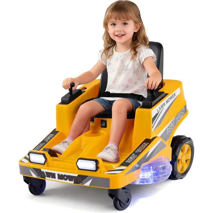 COSTWAY Kinder Elektro Rasenmäher, 12V mit doppelten Steuerhebeln, LED-Lichtern und 360°-Drehfunktion, für Kinder ab 3 Jahren, Gelb